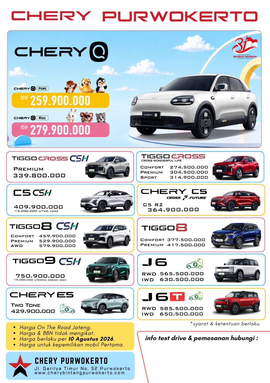 Daftar Harga Chery Purwokerto Terbaru Agustus 2026, Chery Q hingga Tiggo 9 CSH